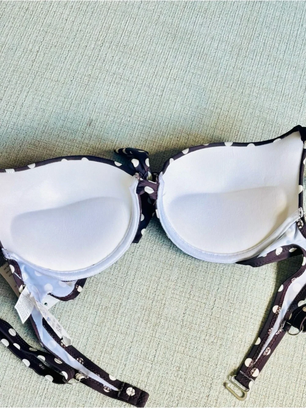 B. Rio Blue Brown and White Polka Dot Tie-Front Bikini Swim Top Large 36 C NWT